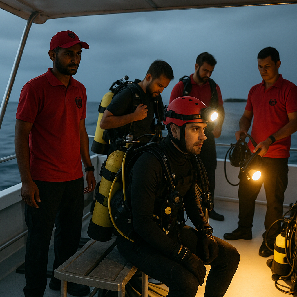 A rescue team on a boat equipped with advanced lighting and diving gear