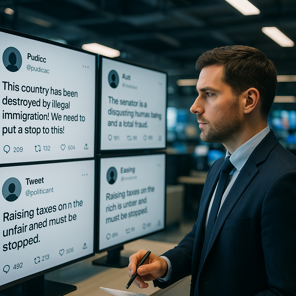 A political analyst in a newsroom reviewing online tweets and posts on a large screen