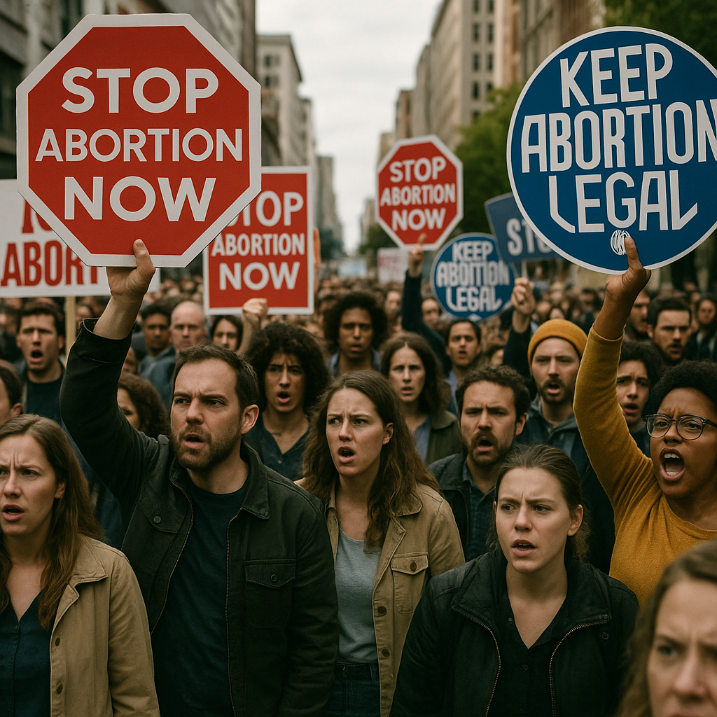 A crowd of people holding signs during a protest, reflecting polarized political beliefs
