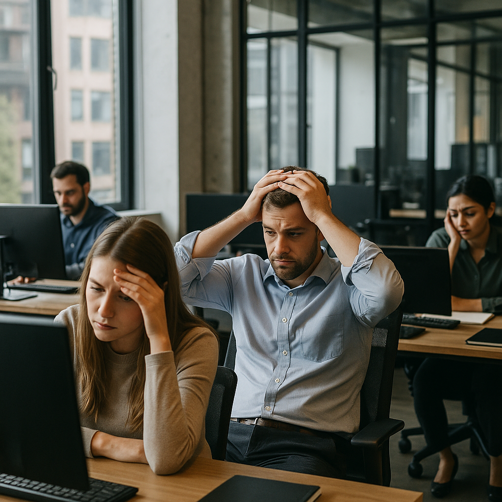 A somber Meta office with employees working at their desks