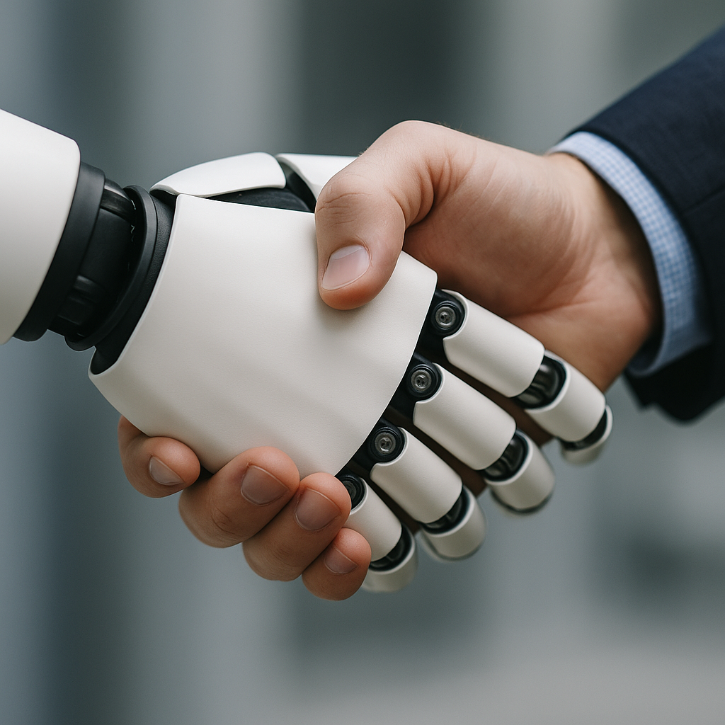 A robotic hand shaking a human hand, symbolizing the transition to AI-driven resources