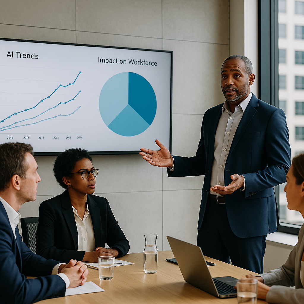 An investor presenting data on AI trends and workforce disruption in a corporate meeting room