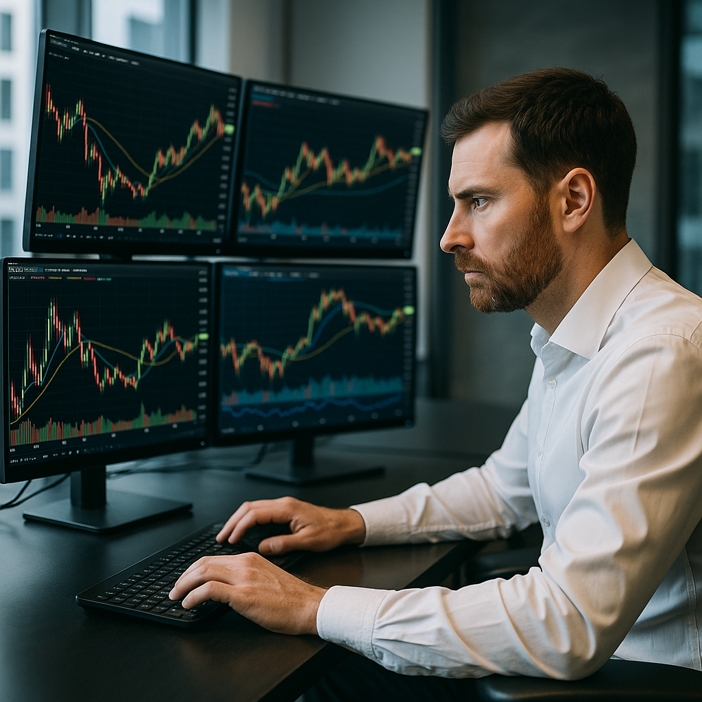 A trader analyzing stock charts on multiple monitors