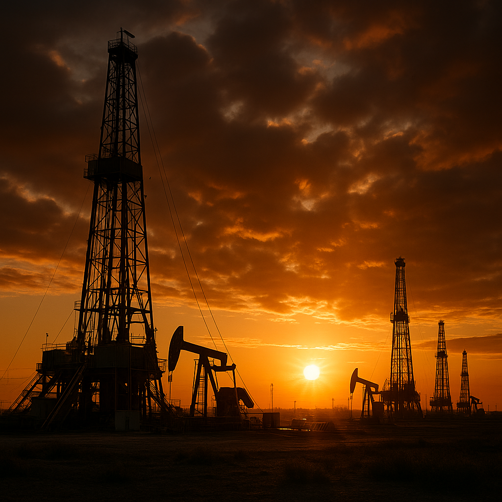 An oil field with drilling rigs under a dramatic sunrise