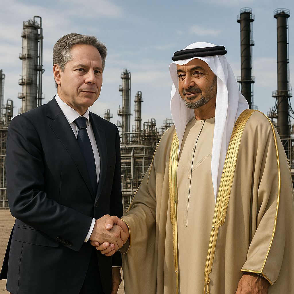 Political leaders in a symbolic handshake with oil infrastructure in the background