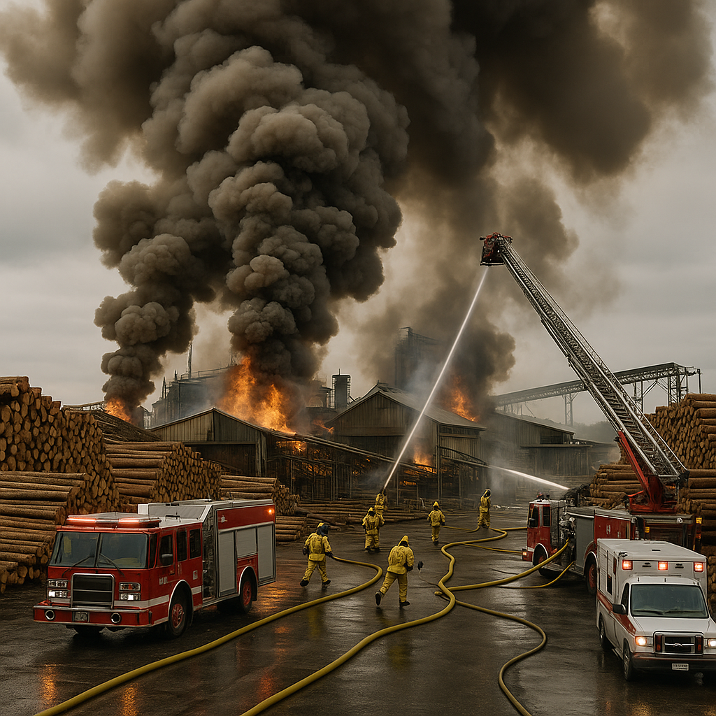 A cloud of smoke billowing from the lumber mill site, with emergency vehicles in the foreground