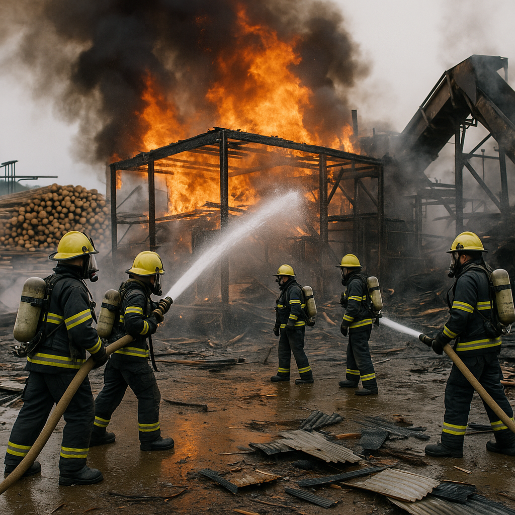 Emergency personnel at the site, with fire hoses and rubble in the background