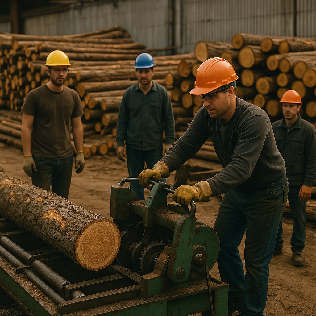 Workers operating machinery in a lumber yard before the explosion, emphasizing the human impact