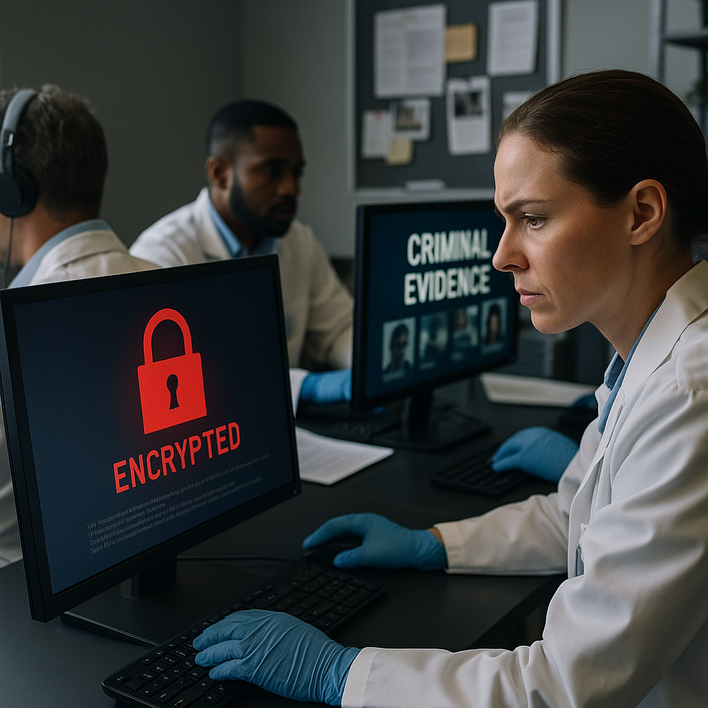A forensic team analyzing an array of digital devices like computers and hard drives