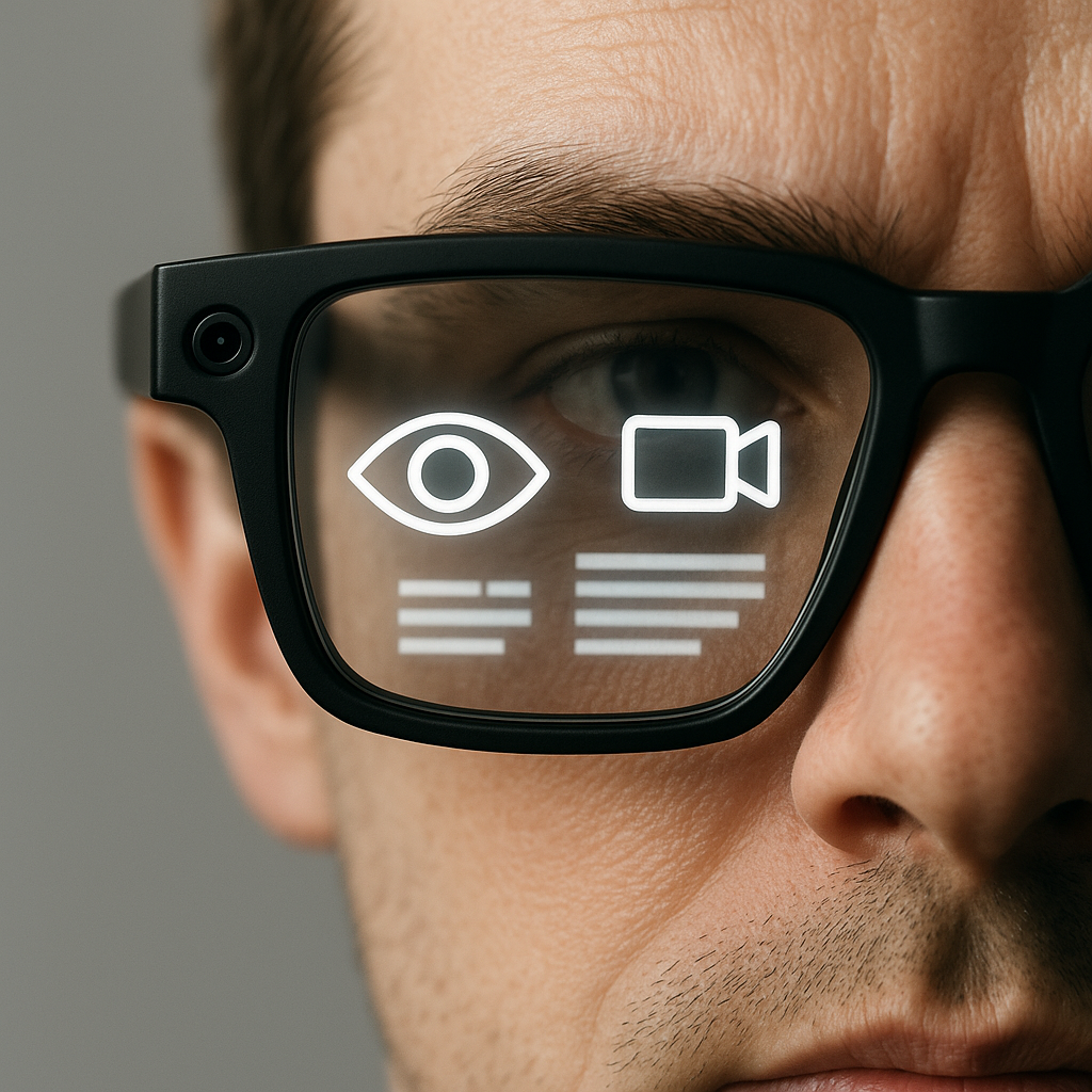 Conceptual illustration of smart glasses recording data, with highlighted elements representing privacy concerns