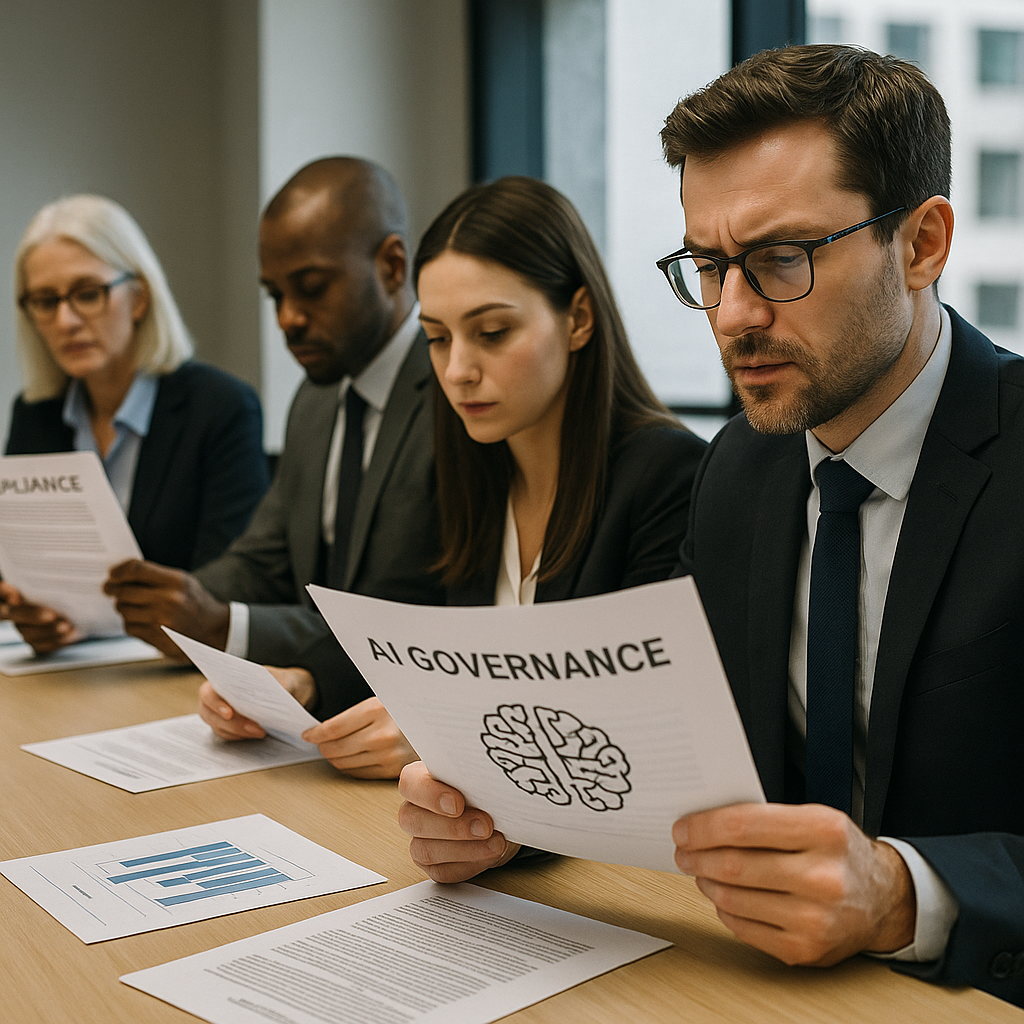 A conference room setting with people reviewing wearable tech prototypes amid compliance documents