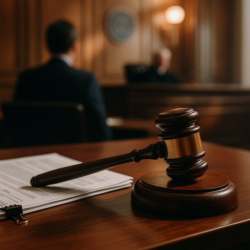 Courtroom or symbolic representation of legal pressures, like a gavel on a desk
