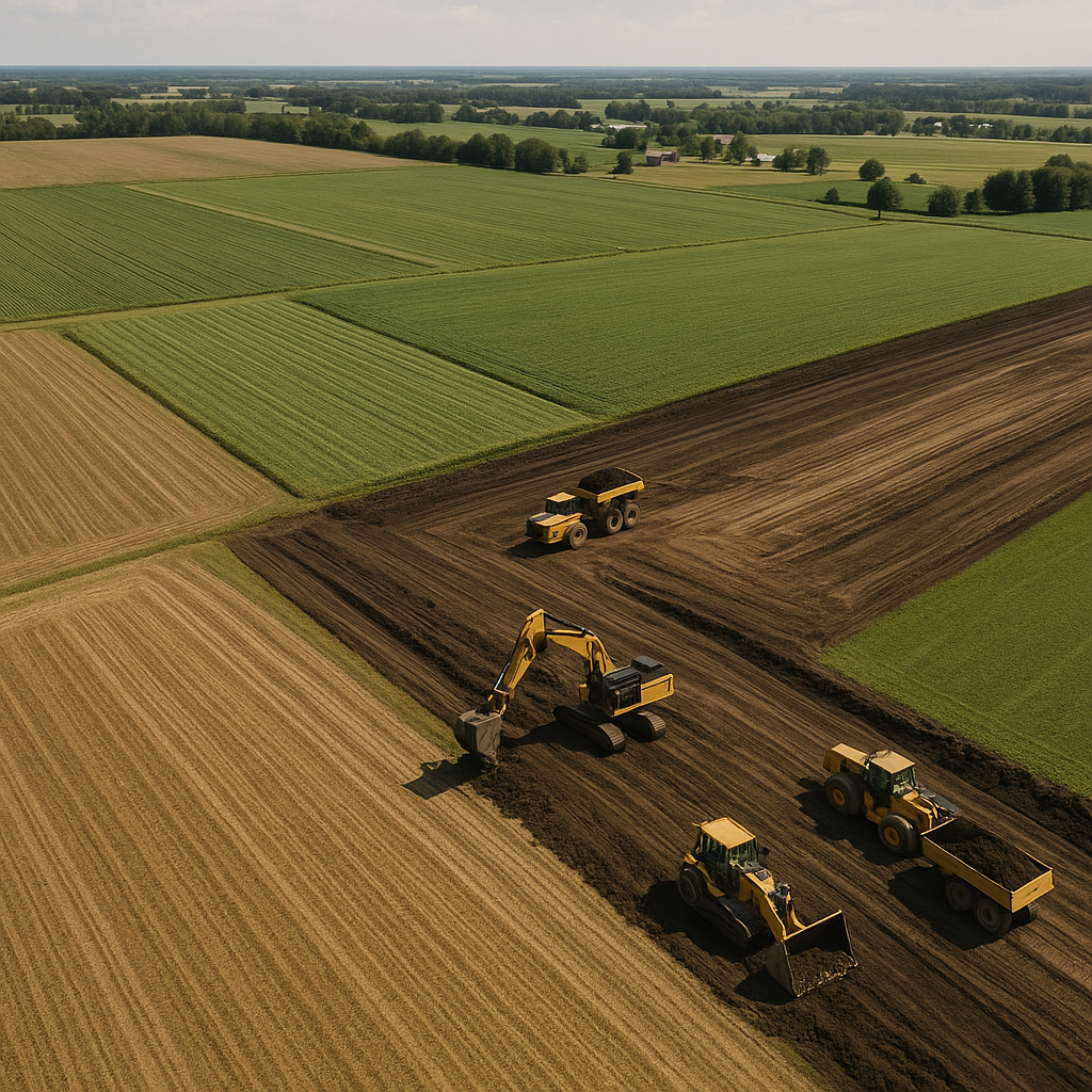 Aerial view of Saline farmland with construction equipment breaking ground