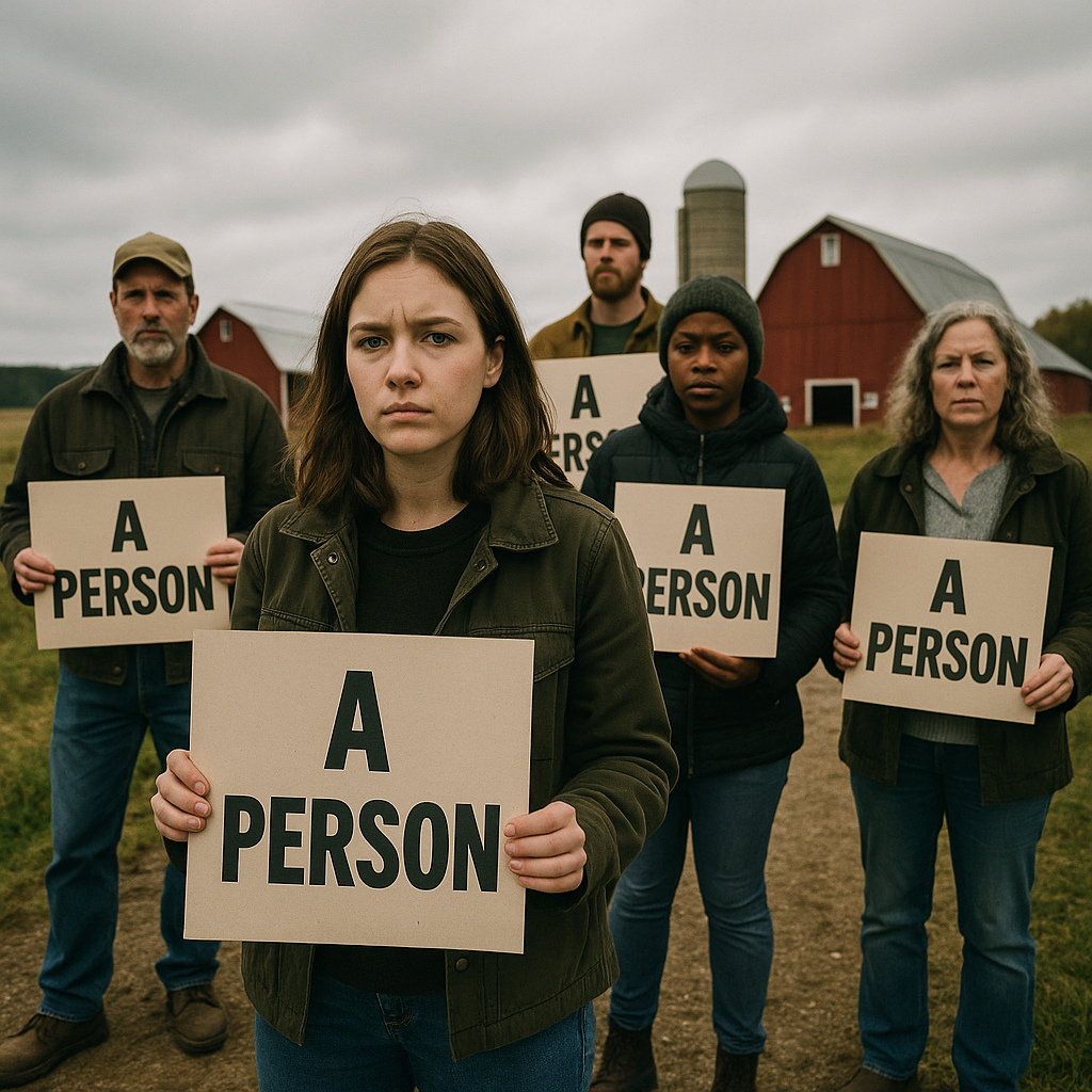 Protesters holding “No Data Center” signs in rural Michigan with red barns in the background