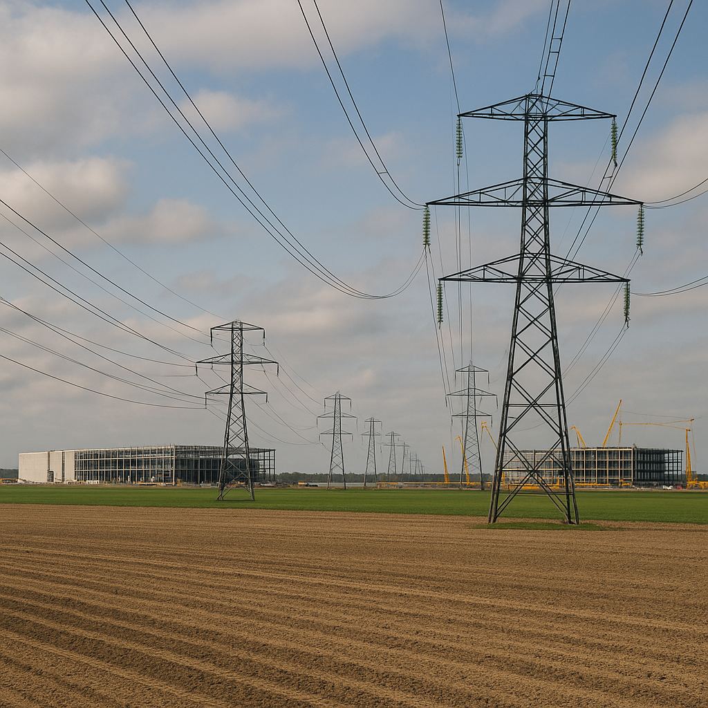 Power lines stretching across farmland, with a construction site visible in the distance