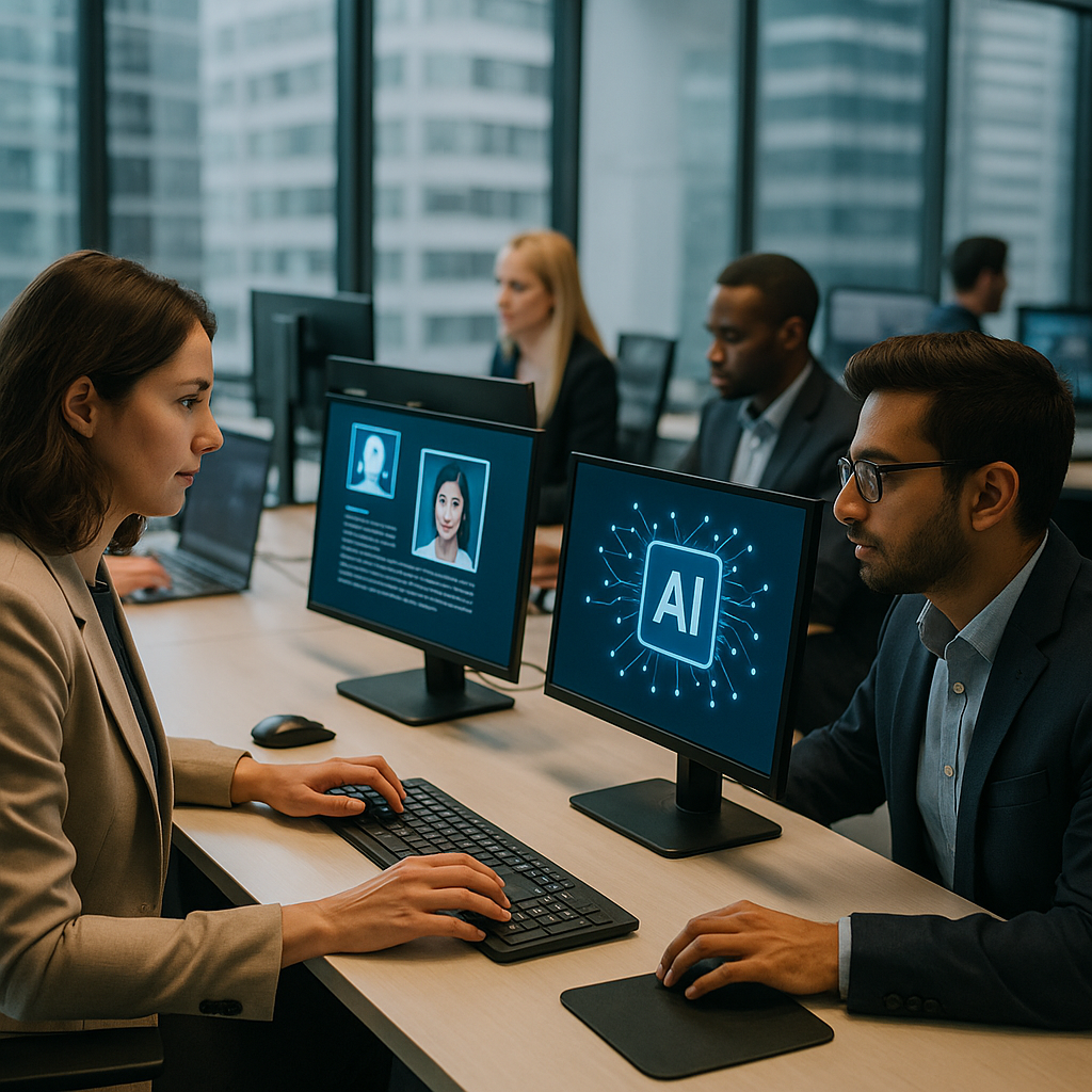 A corporate office with employees experimenting with AI tools on computers