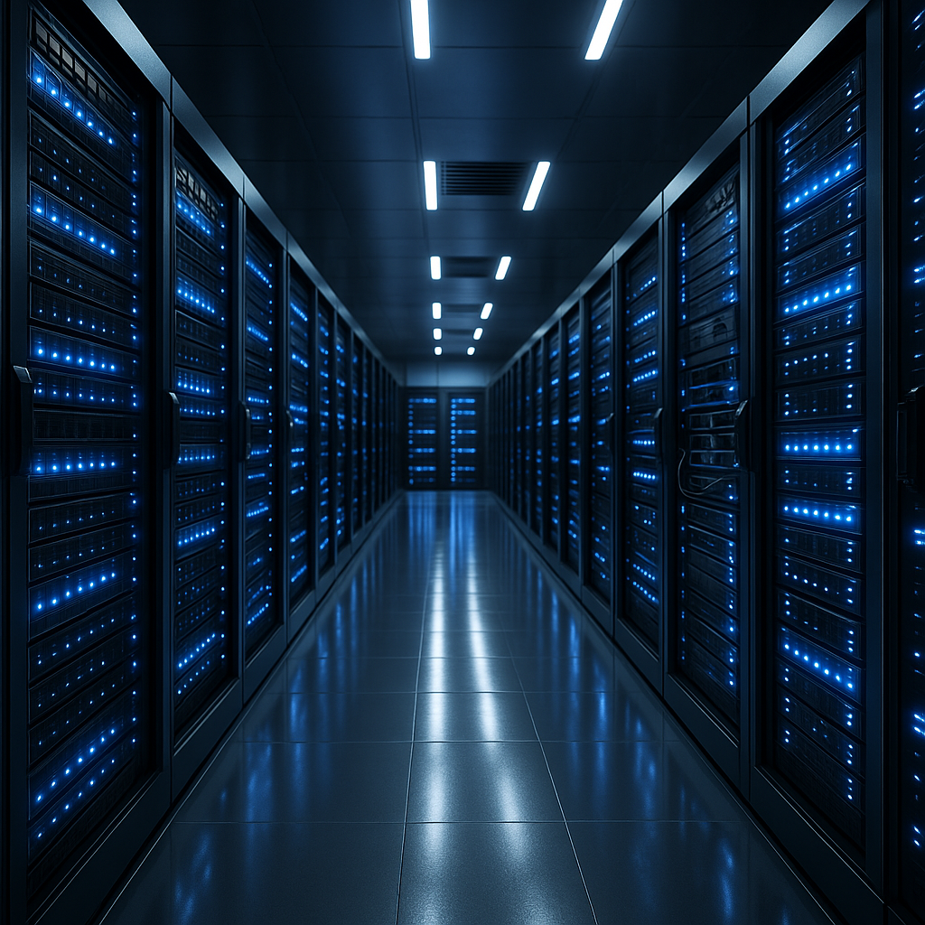 A high-tech server room filled with rows of data storage units illuminated with blue lights