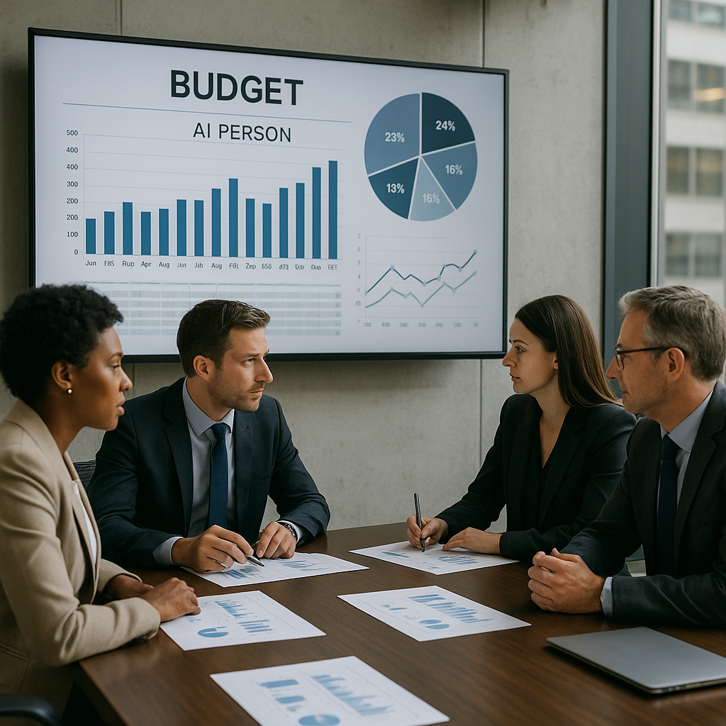 A team analyzing budget graphs on a screen labeled