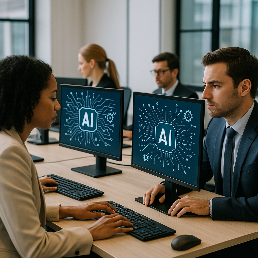 Illustration of a corporate office environment with employees using AI-powered tools