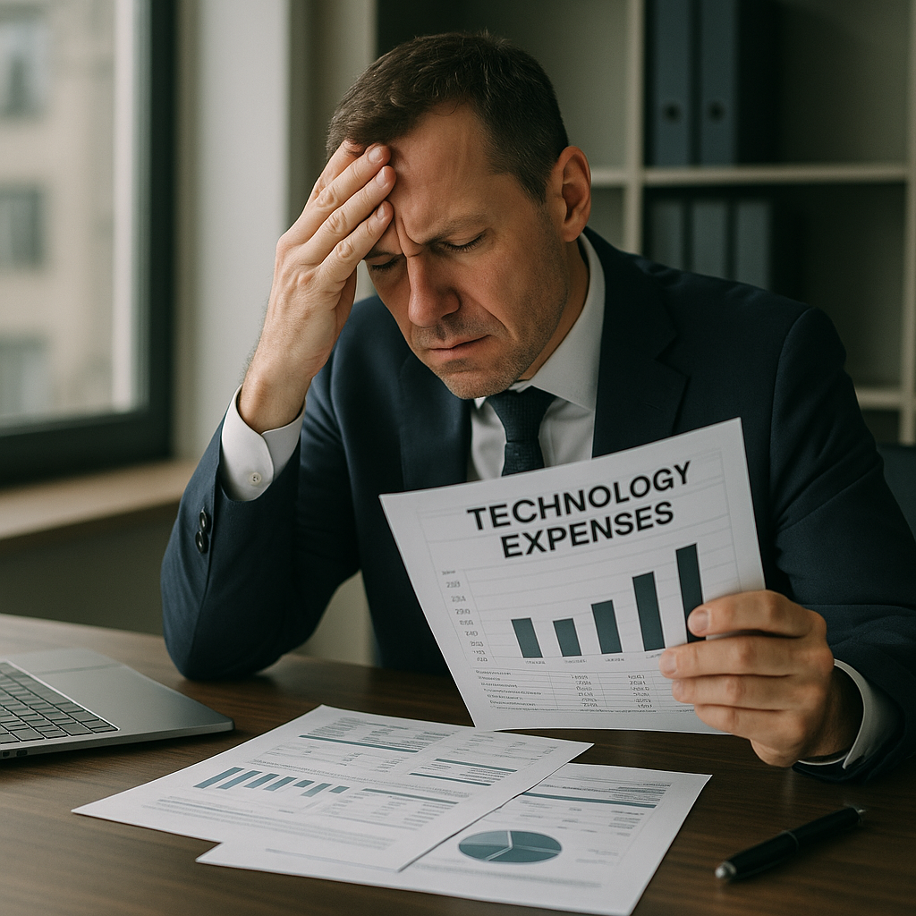 A frustrated CFO reviewing financial reports with AI-related expenses highlighted