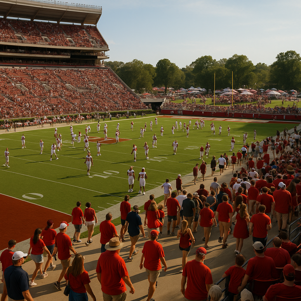 A college football stadium with players warming up before a game