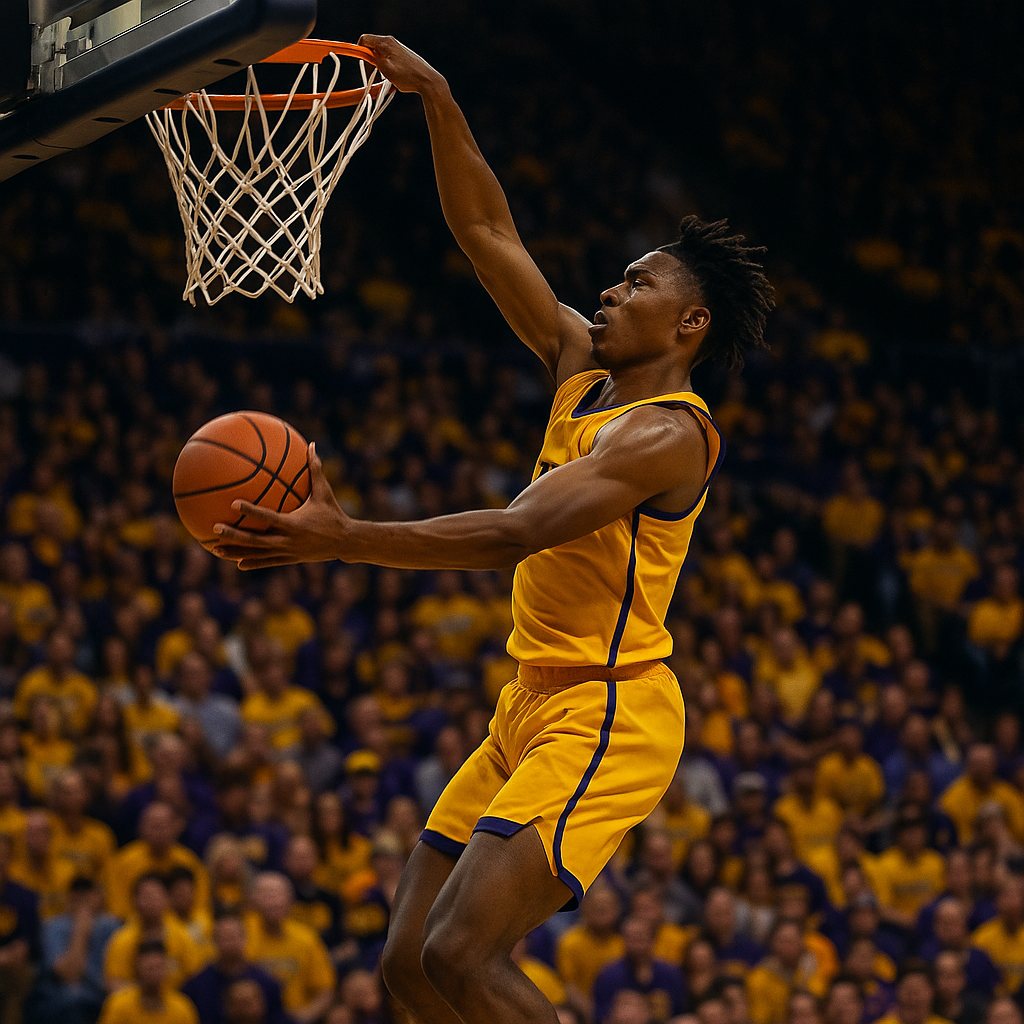 A basketball player making a slam dunk during a packed college game