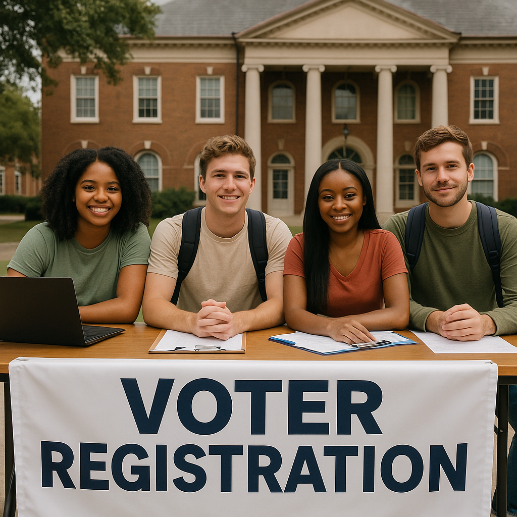 A group of students seated in a voter registration booth on a college campus