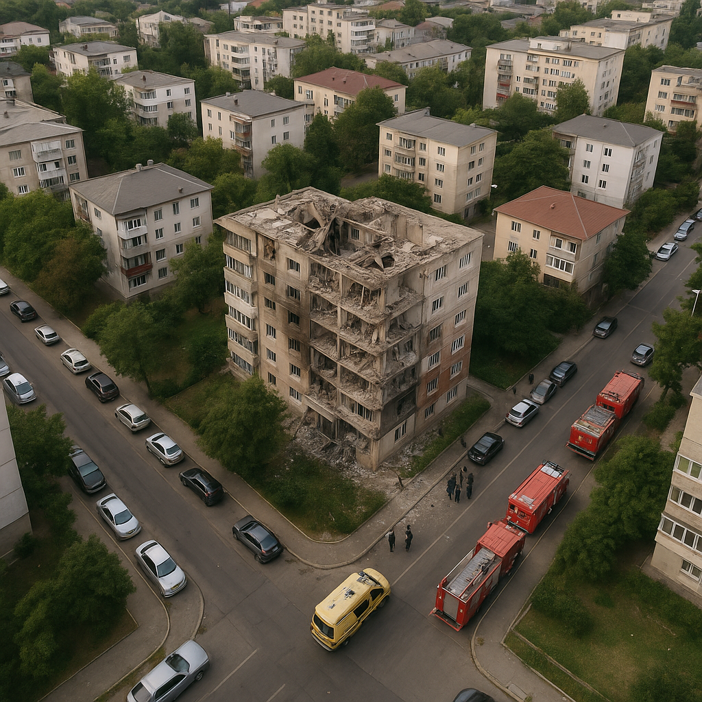 Aerial view of Galați, Romania, showing the residential area affected by the drone strike