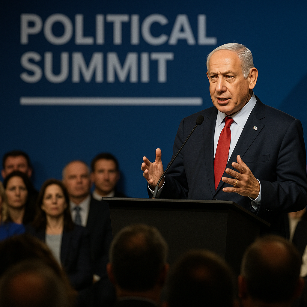 Israeli Prime Minister Benjamin Netanyahu speaking on stage during a political summit