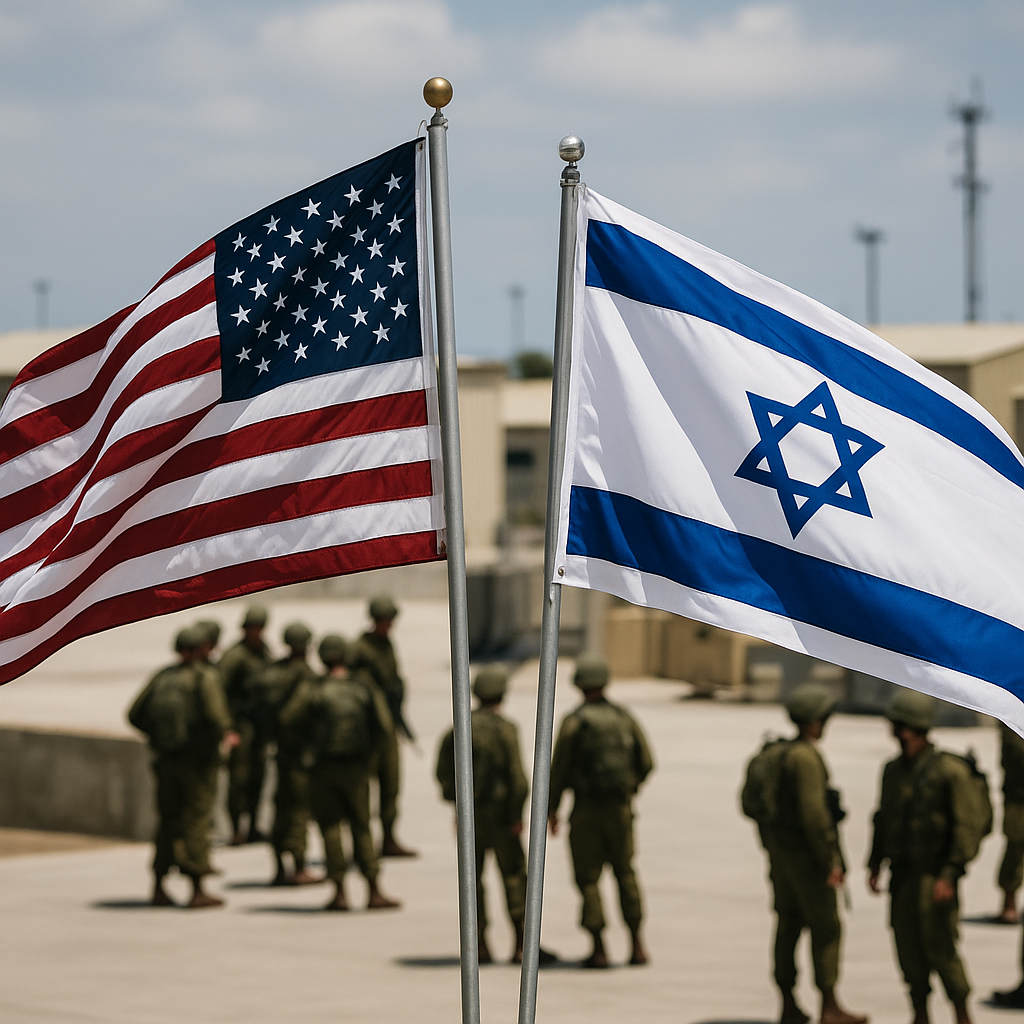 U.S. and Israeli flags waving side by side at a military base