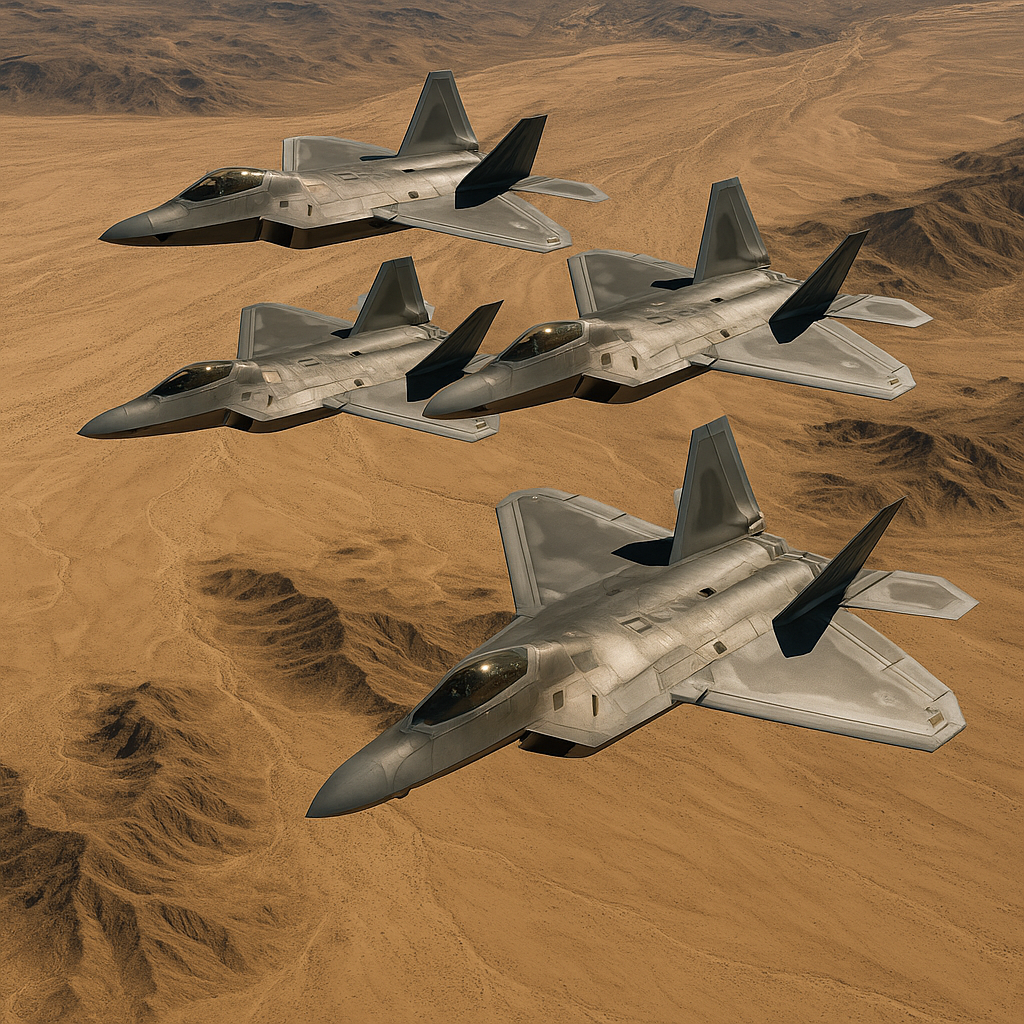 Advanced fighter jets flying in formation above a desert landscape