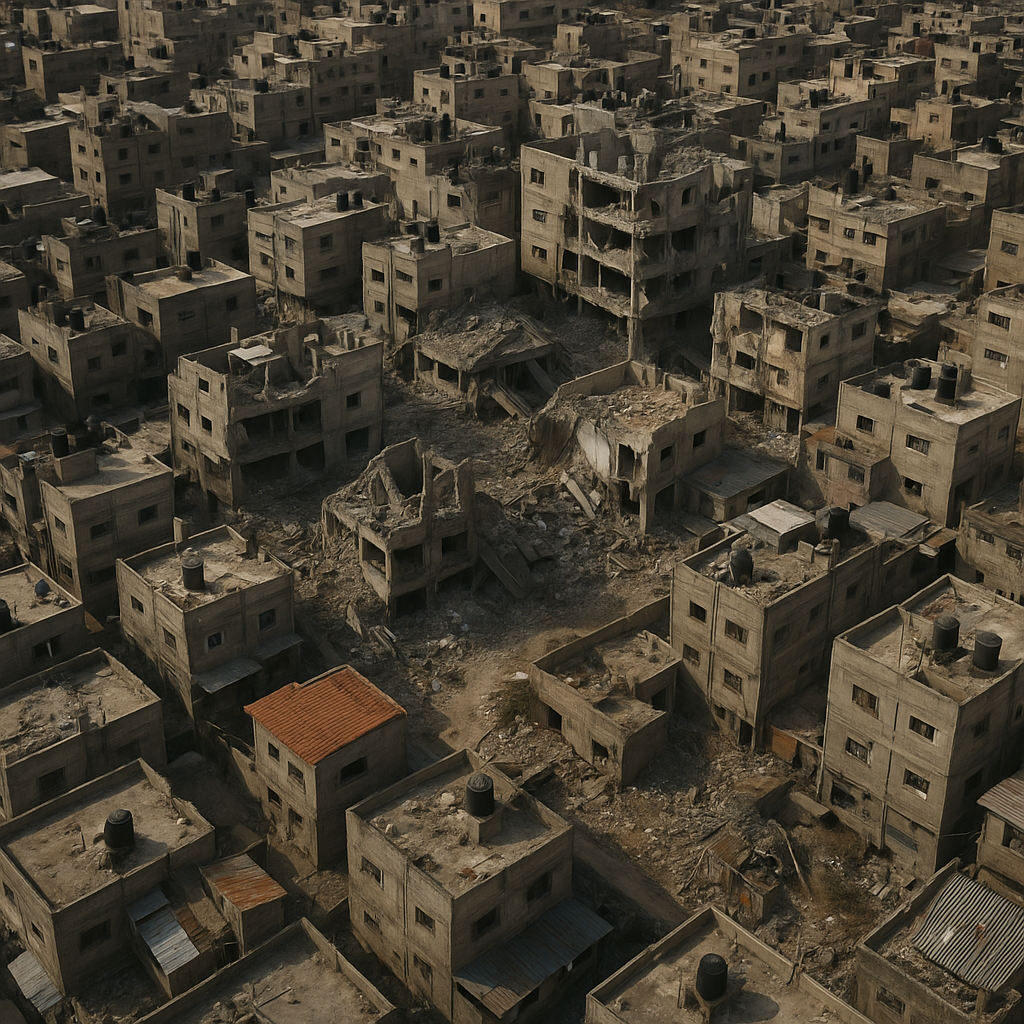 Aerial view of Gaza showing densely packed housing and a damaged area from previous conflict