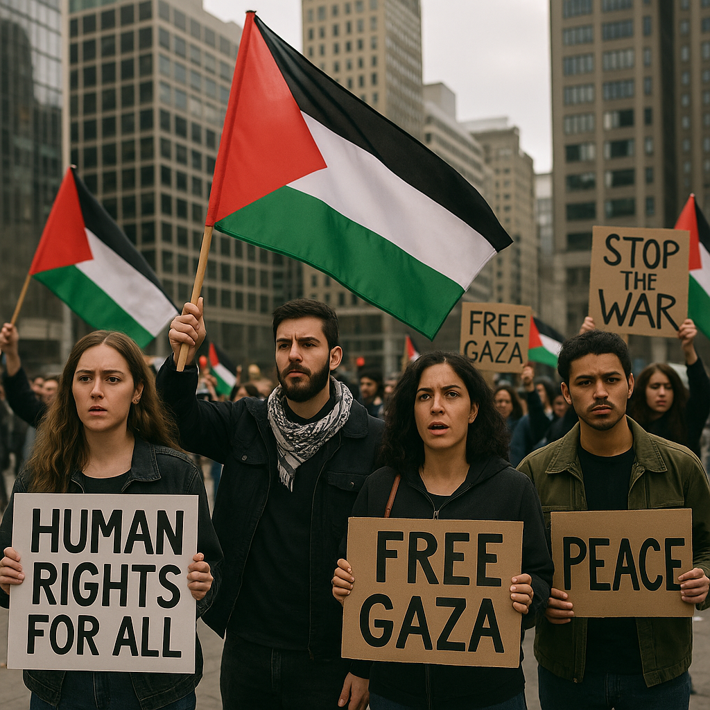 Protesters in an international setting holding flags representing peace, human rights, and Palestine