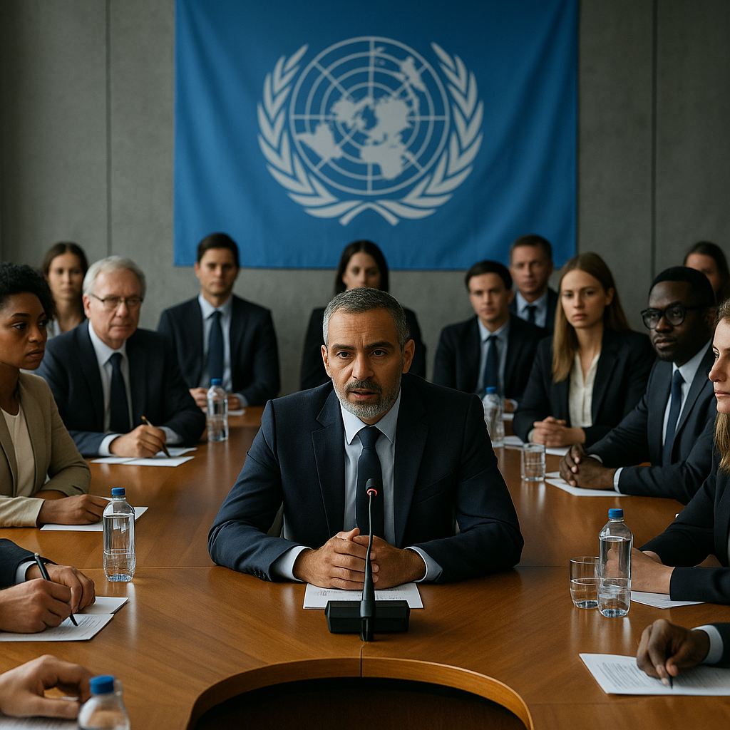 United Nations headquarters with delegates discussing Middle Eastern issues