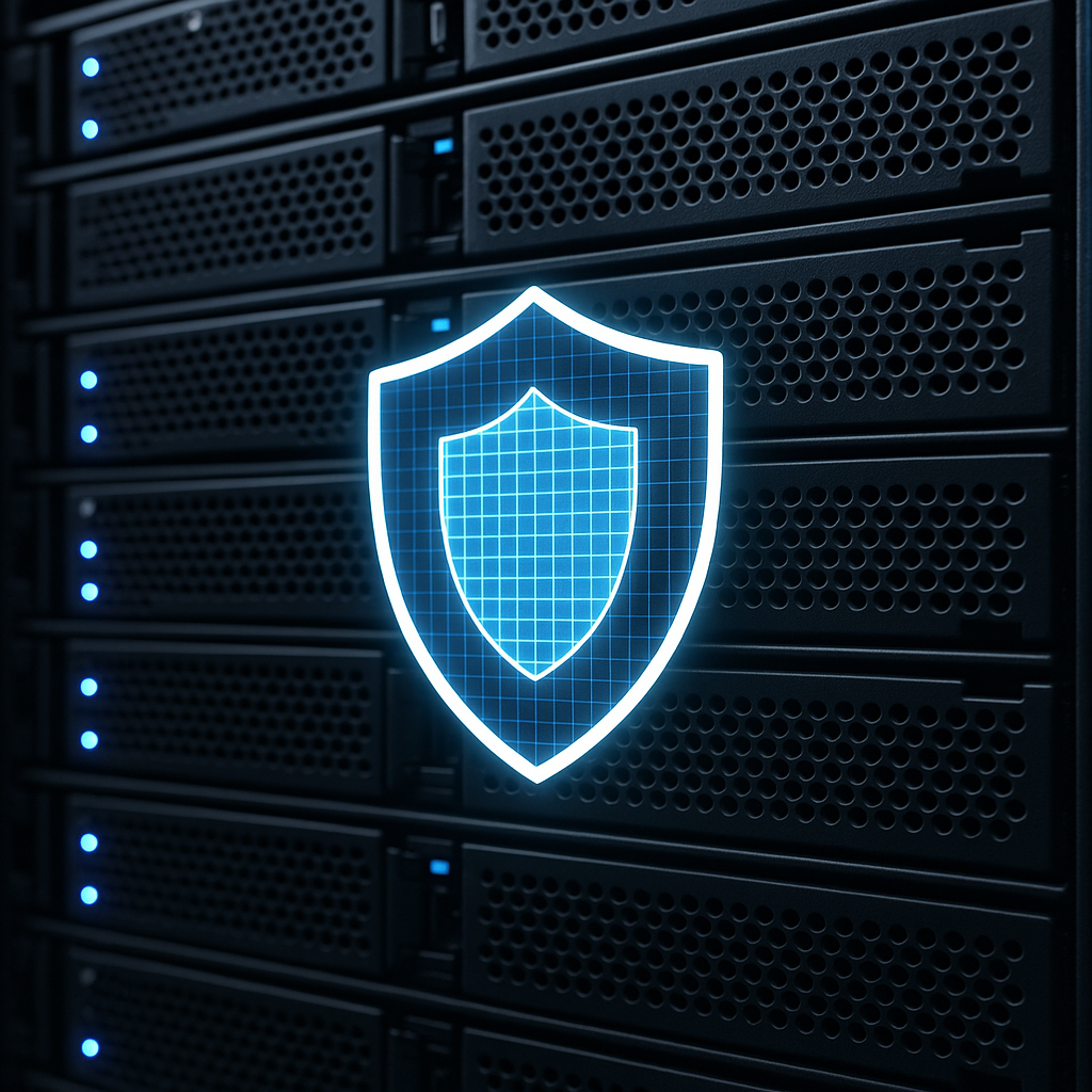 Key cybersecurity elements such as server racks or a shield symbolizing data protection
