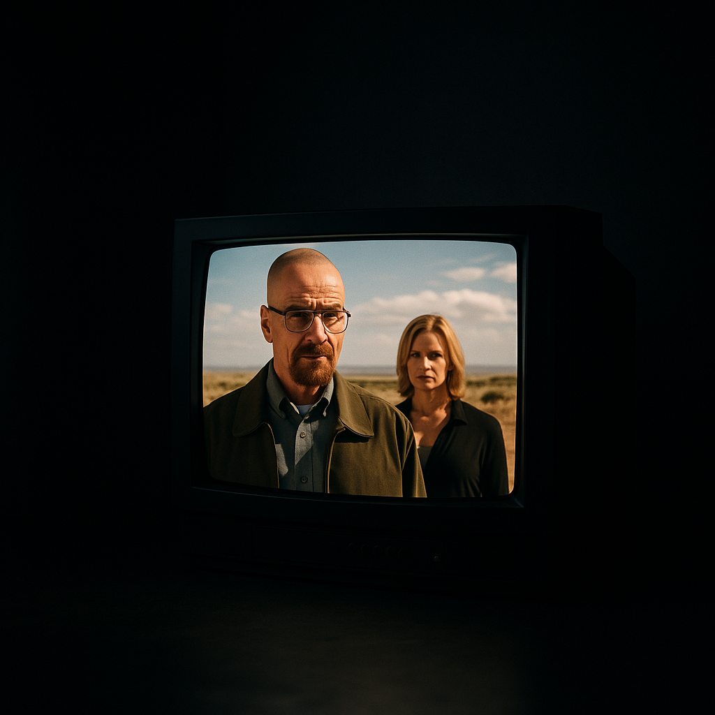 A dark studio featuring a TV screen playing Breaking Bad or another critically acclaimed show, symbolic of elevated TV storytelling