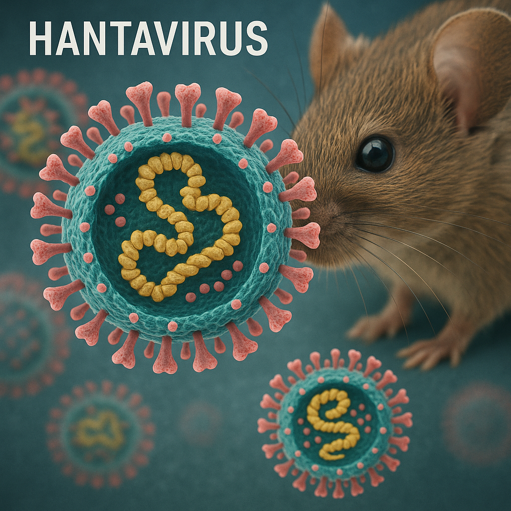 A magnification of hantavirus under a microscope with descriptive labels