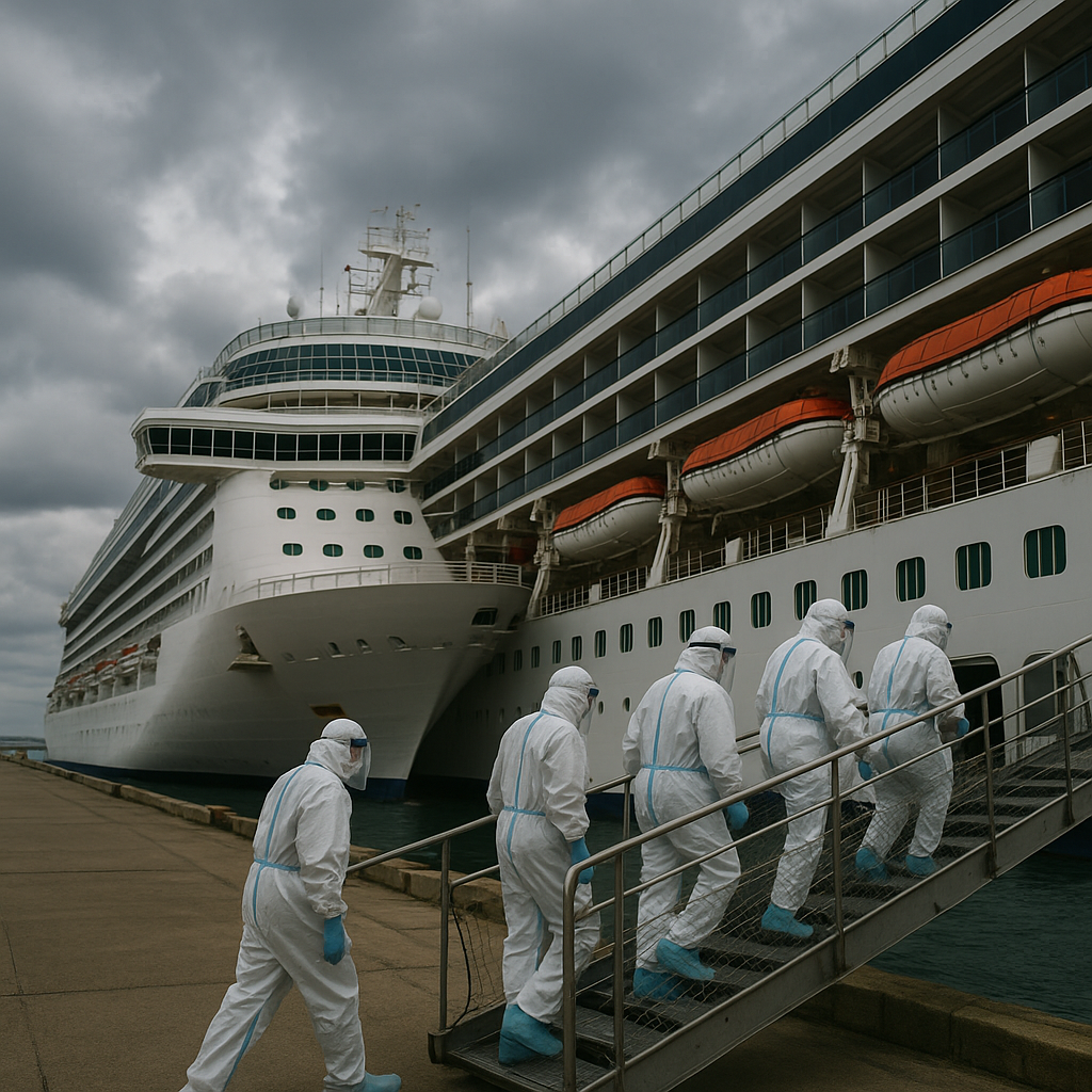 Cruise ship docked at port with health workers boarding in protective gear