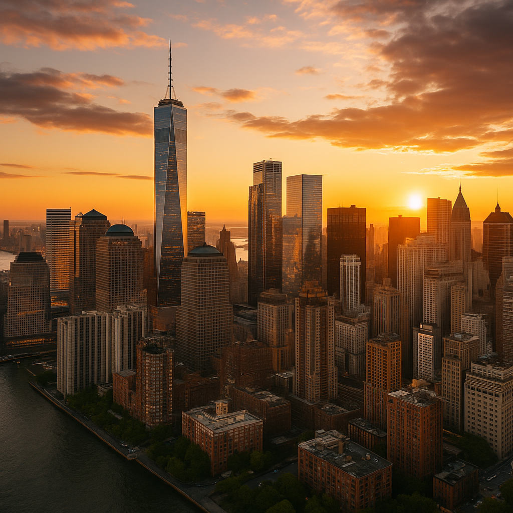 The New York City skyline at sunset, symbolizing the financial hub of the city