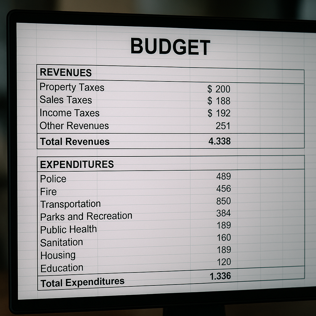 A graphical representation of a budget ledger or financial spreadsheet, highlighting revenue and expenditures