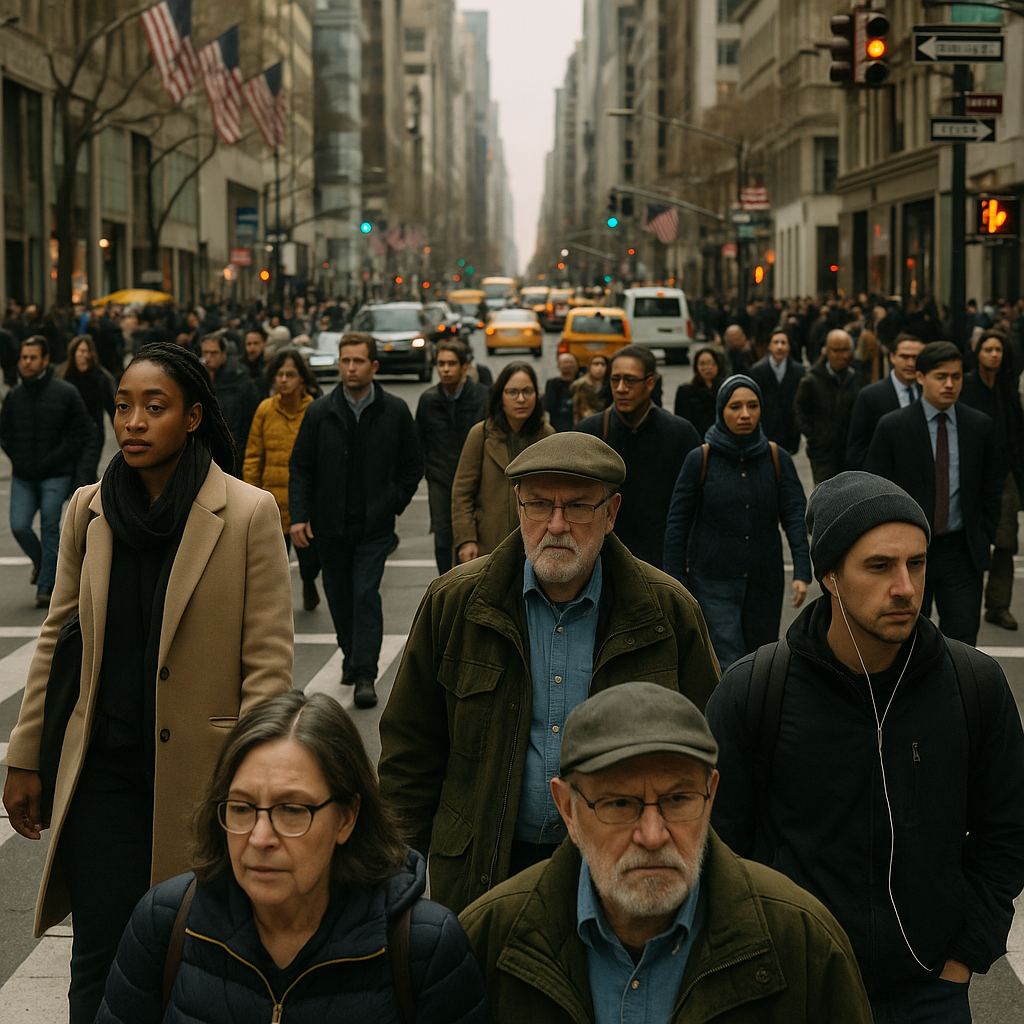 A bustling NYC street with diverse residents, symbolizing the city’s socioeconomic diversity