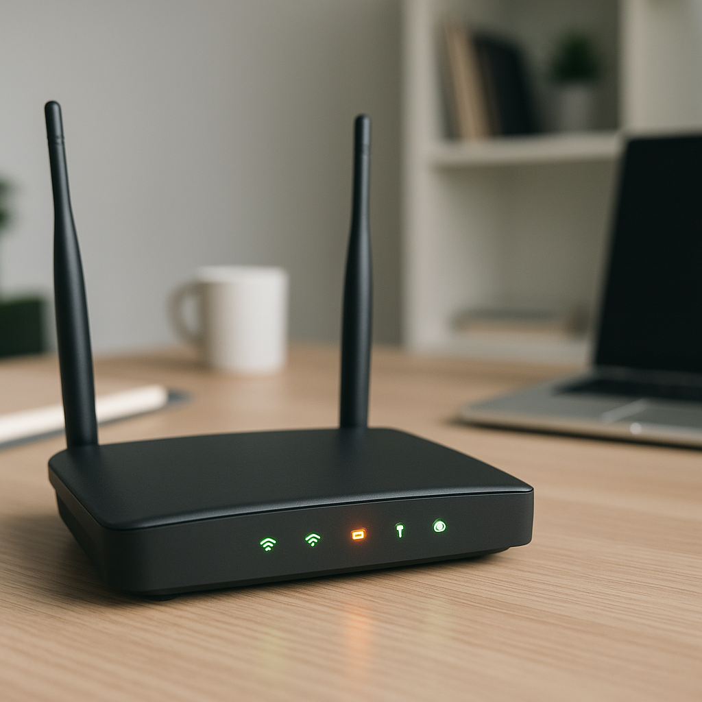 A generic household WiFi router sitting on a desk