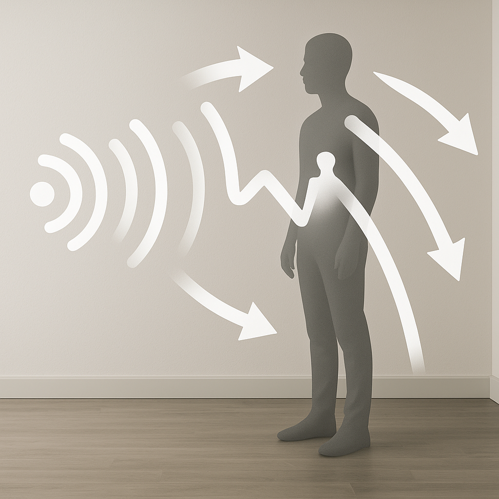 A diagram illustrating the principle of radio waves bouncing off a human figure
