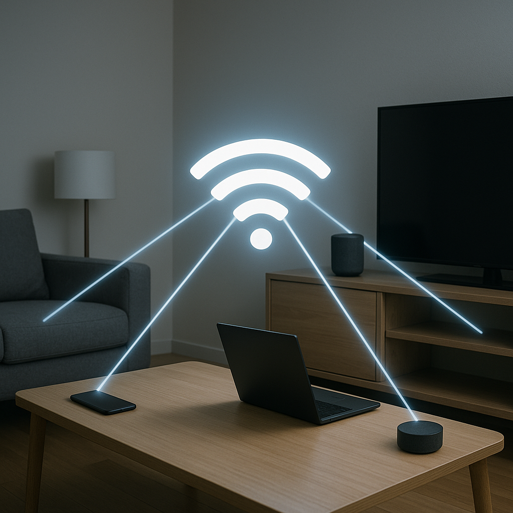 A futuristic graphical representation of data streaming from a WiFi router to multiple points in a room