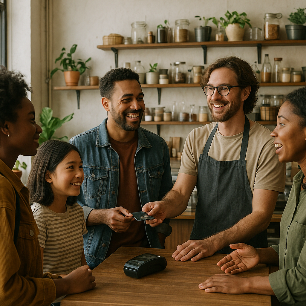 Inside a small local business with customers interacting with staff, symbolizing small businesses