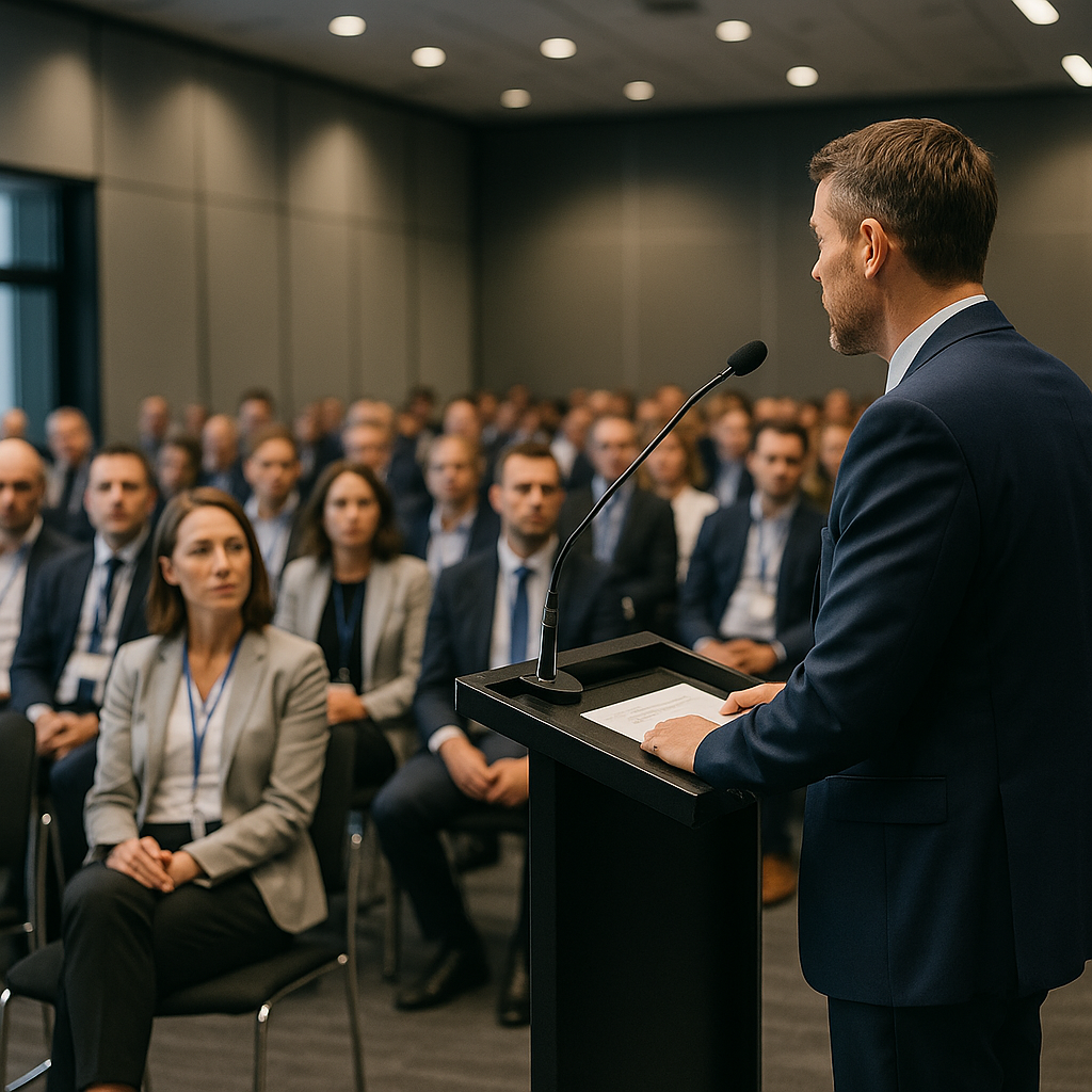 A business summit event with attendees listening to speakers at a podium
