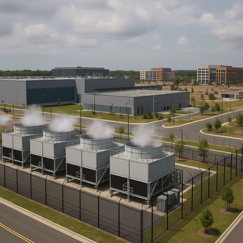 A large data center with visible cooling towers and security fencing
