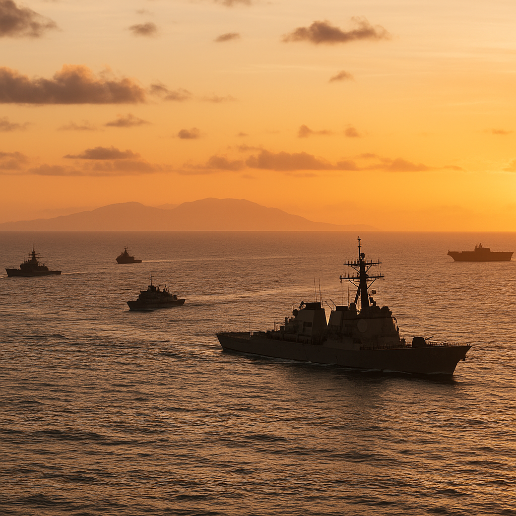 A naval fleet on an expansive ocean horizon, with Cuba visible in the background
