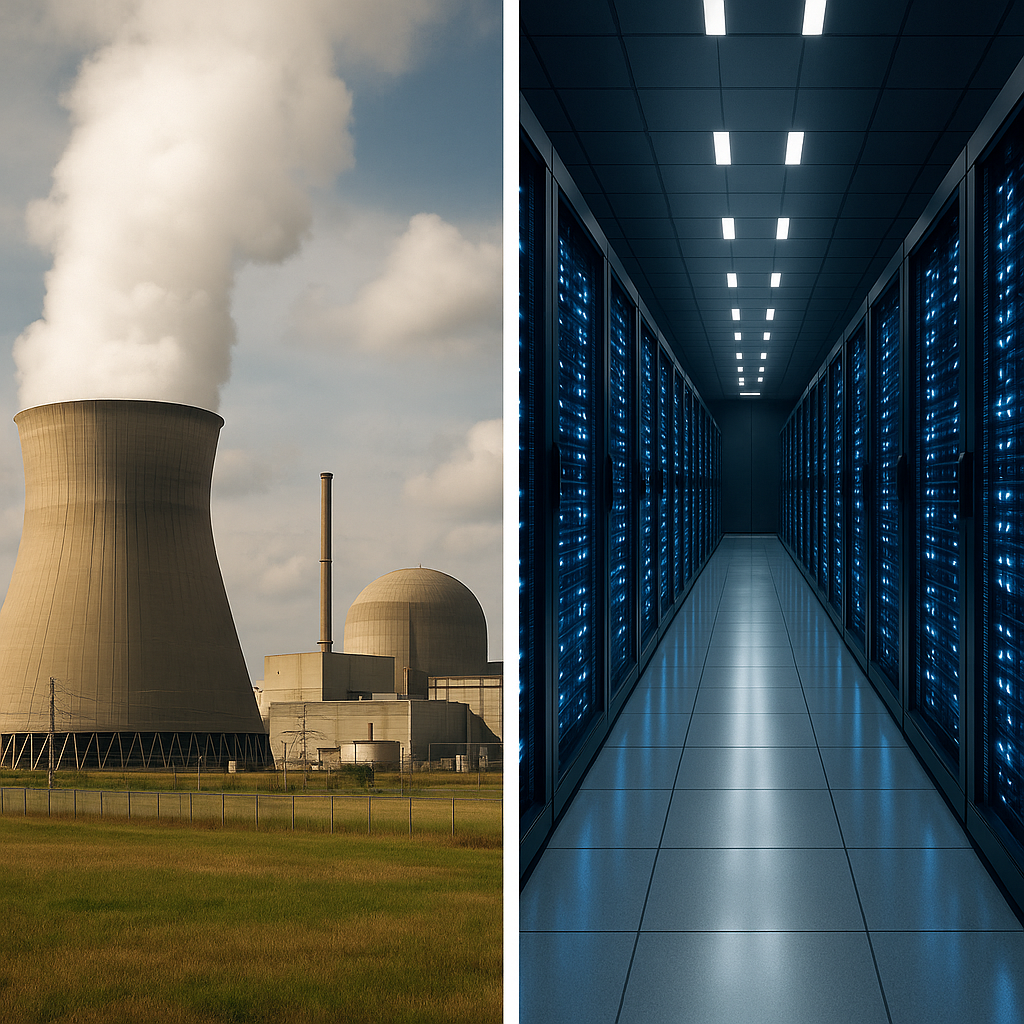 Illustration of a nuclear plant contrasting with an AI data center