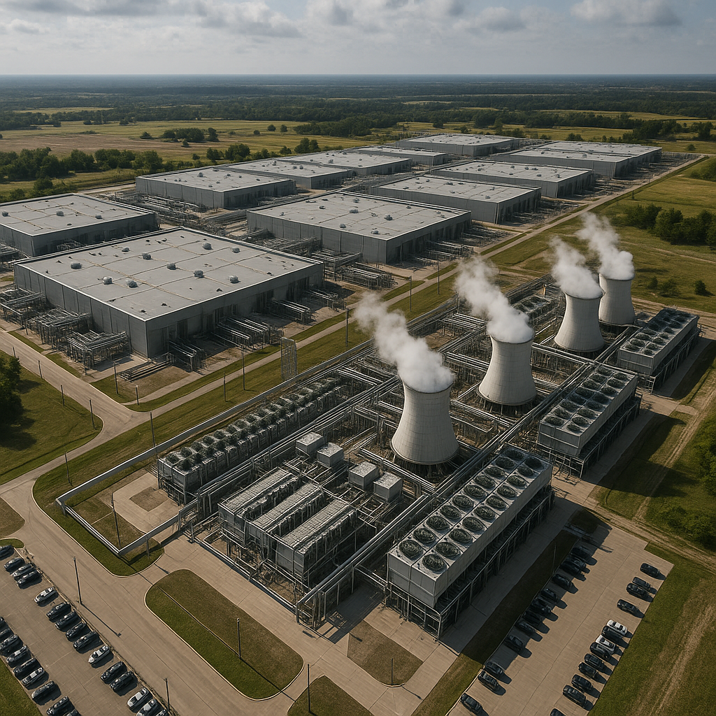 An aerial shot of a sprawling data center with visible cooling infrastructure